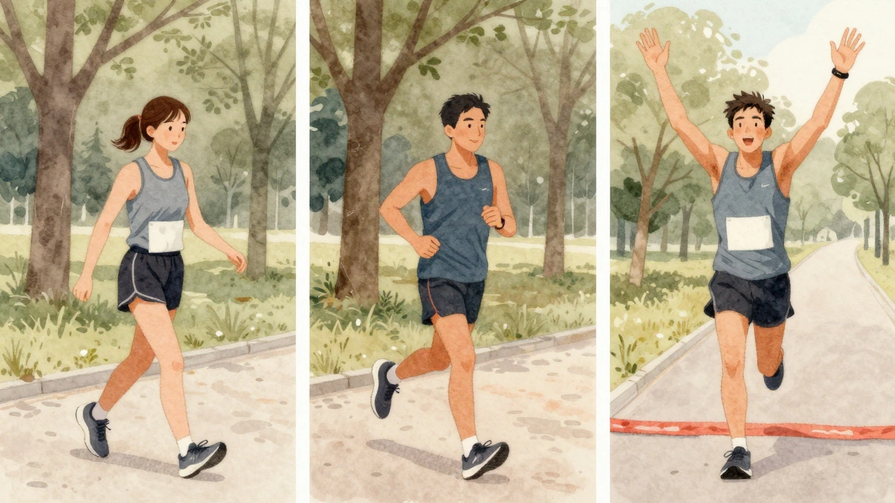 A runner’s journey from hesitant walk to victorious finish, shown in three stages.