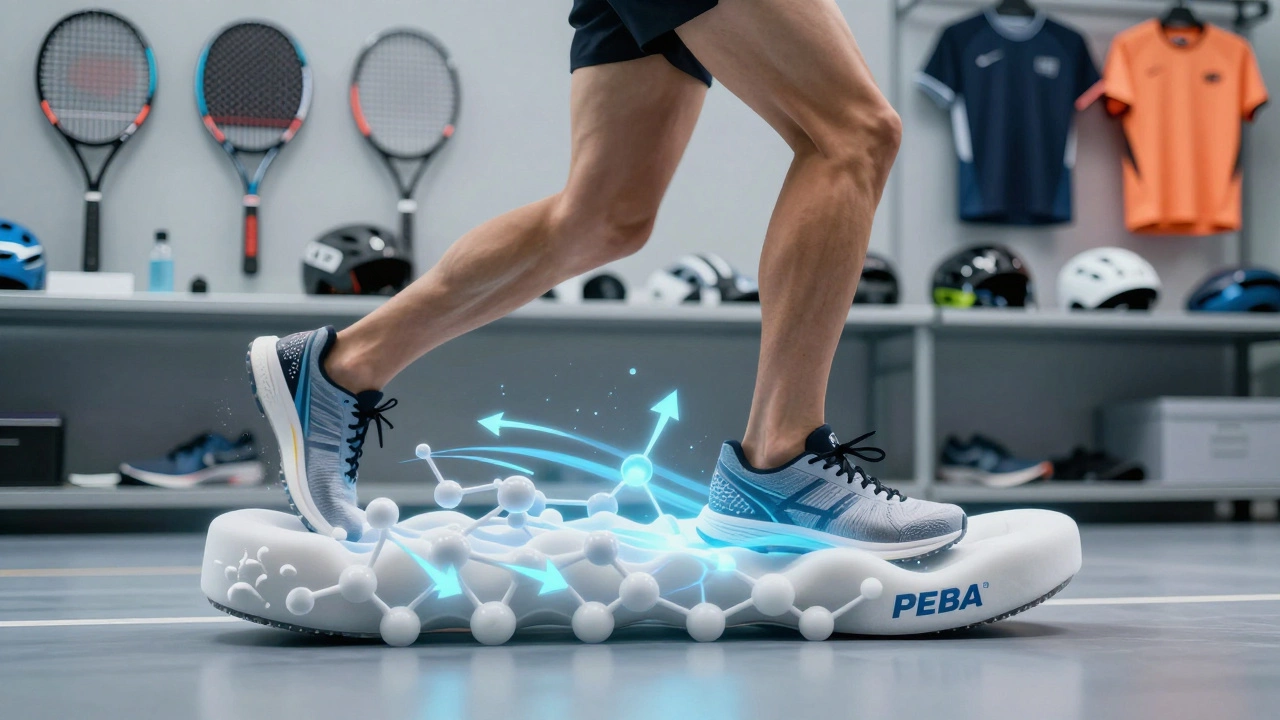 A runner with transparent midsole showing energy-returning PEBA foam molecules during motion.