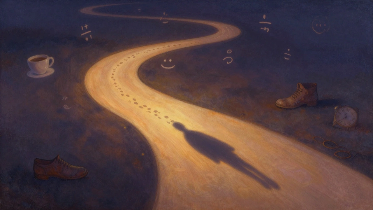 A shadow forming a glowing path of footsteps, symbolizing quiet internal motivation and personal ritual.