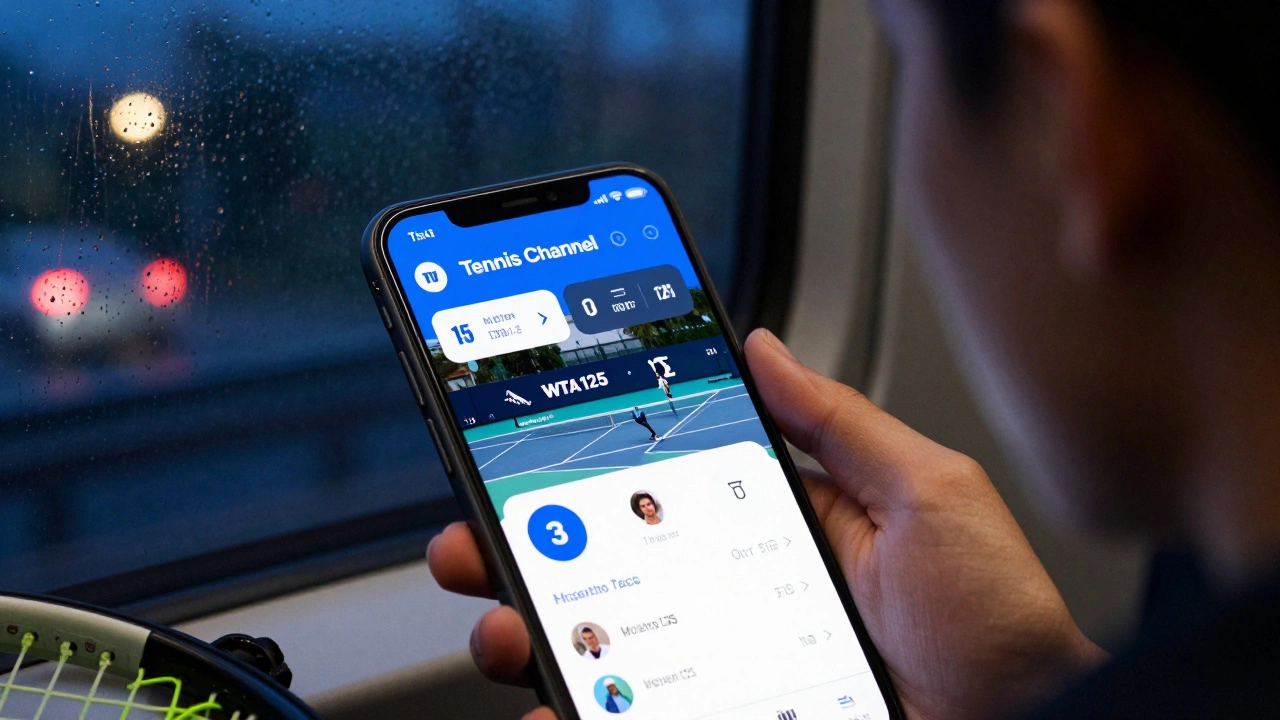 A young fan watching a live tennis match on their smartphone during a night train ride, city lights blurred outside the window.