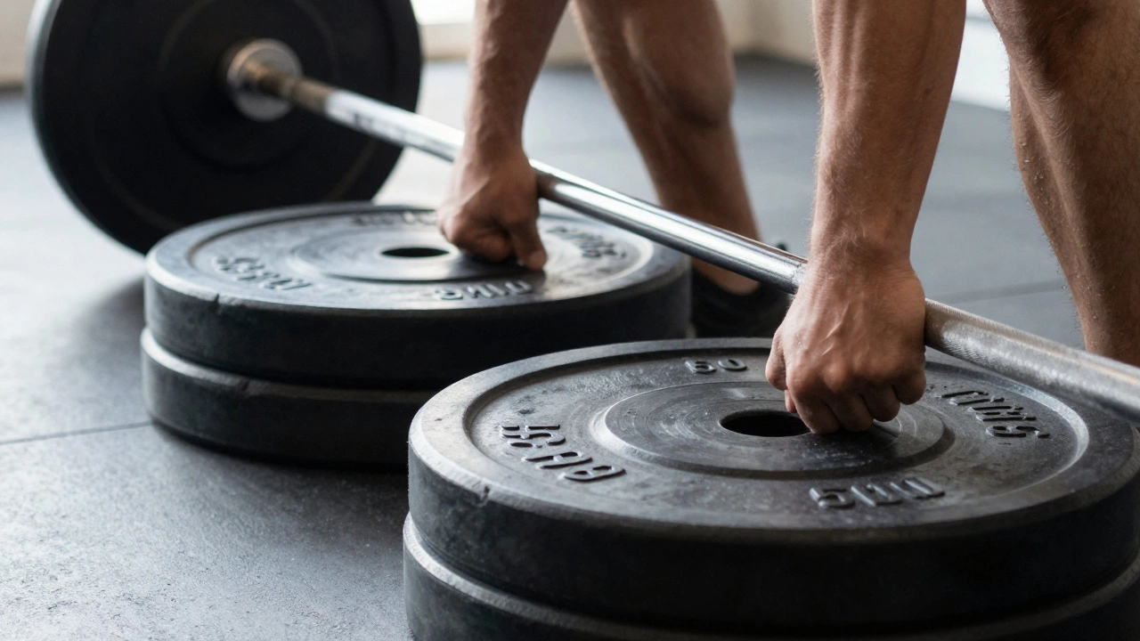 Adding small weight plates to barbell for squats. Gradual progression in strength training.