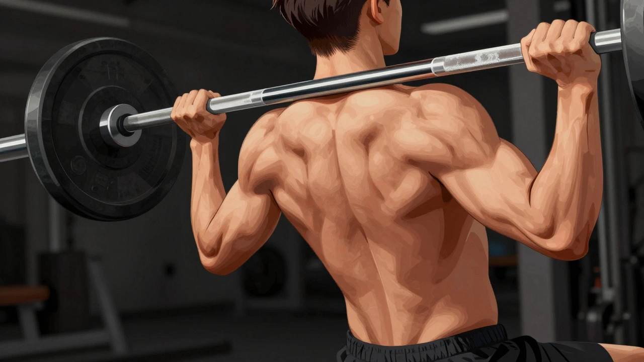 Barbell rows performed with proper form, back muscles engaged. Strength training exercise.