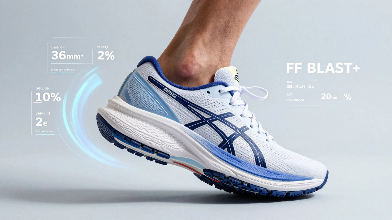 Close-up of a running shoe midsole showing foam compression and performance data.