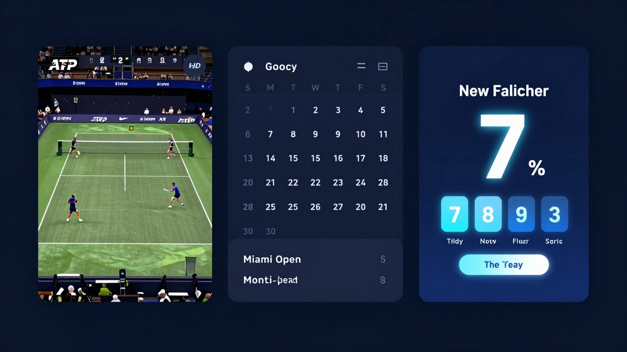 Digital interface showing live tennis match, tournament calendar, and free trial countdown.
