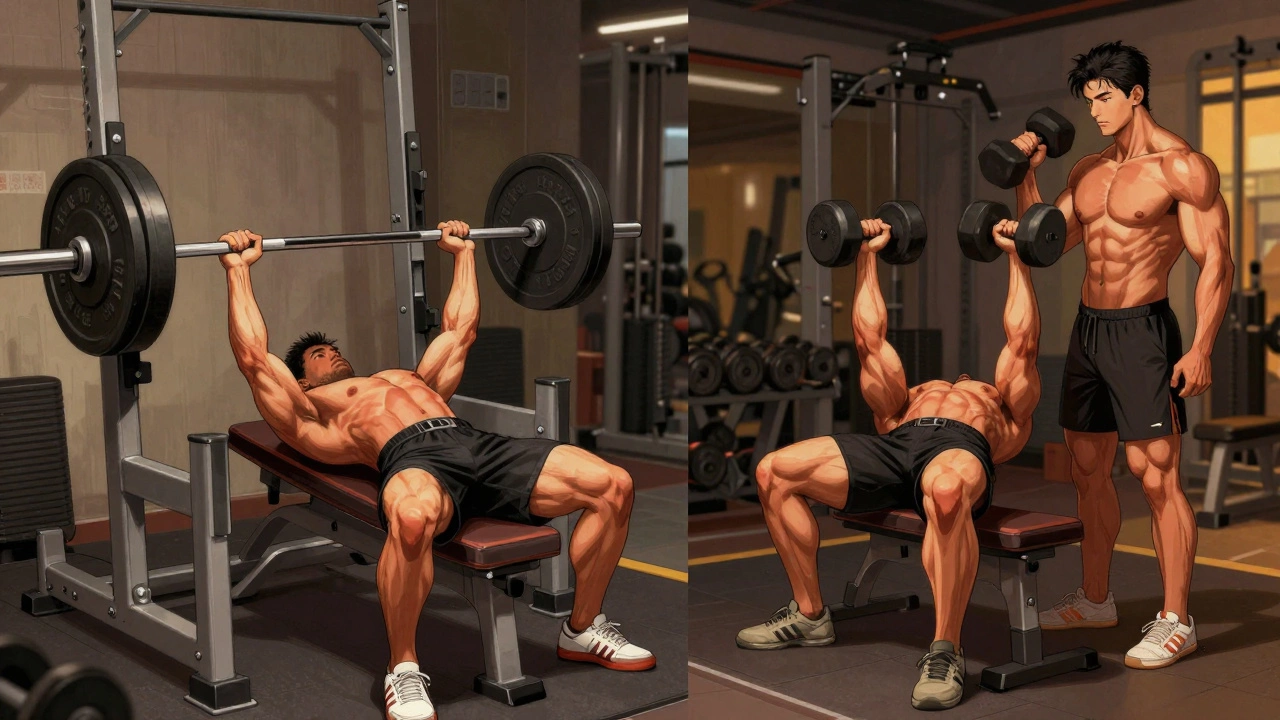 Side-by-side comparison of strength training vs. hypertrophy-focused training with visible muscle difference.