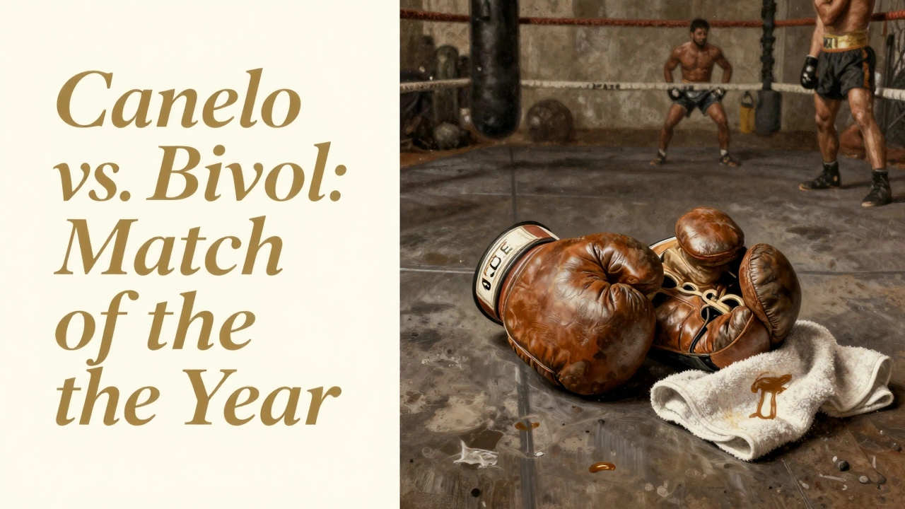 Split image: formal boxing poster on left, worn glove on gym floor on right.
