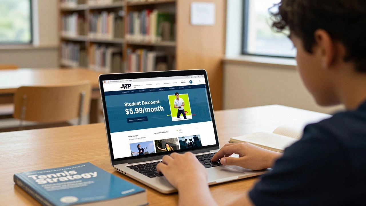 Student using laptop at library to access ATP Tennis TV with student discount displayed.