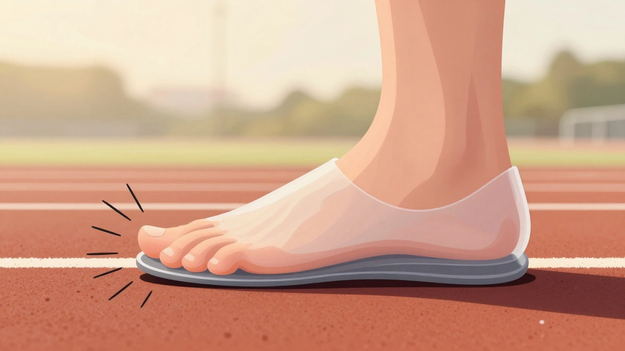 A running shoe with transparent toe box showing a thumb’s width of space for toes during impact.