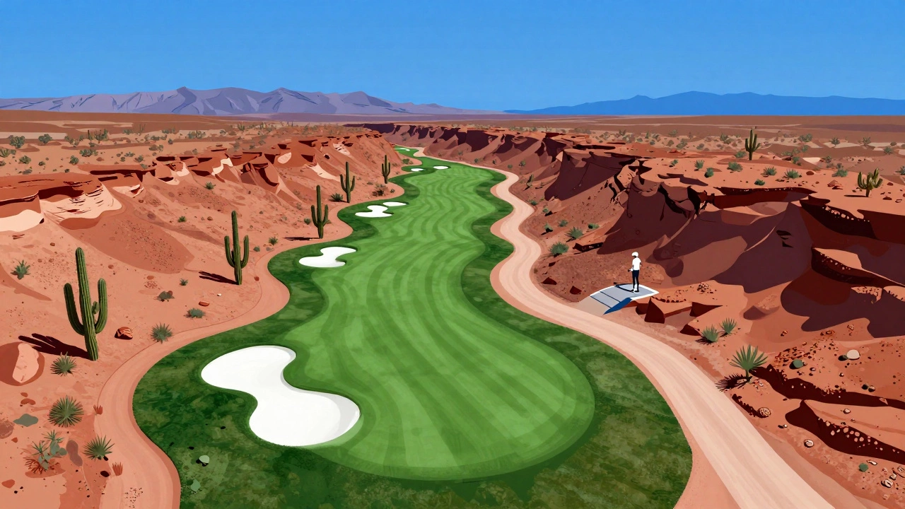 Aerial view of a desert golf course with cacti, red earth, and a green in a canyon valley.