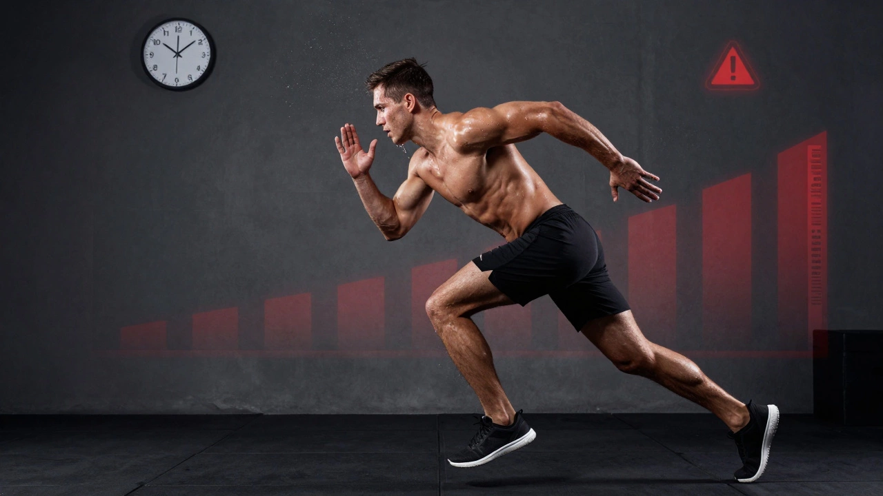 An athlete mid-sprint in gym, showing signs of overtraining with warning symbols.