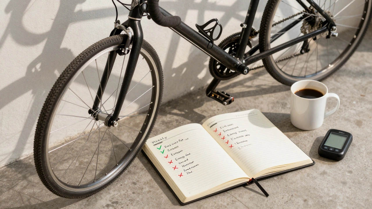 Bicycle leaning against wall next to a journal tracking easy and hard rides with color-coded logs.