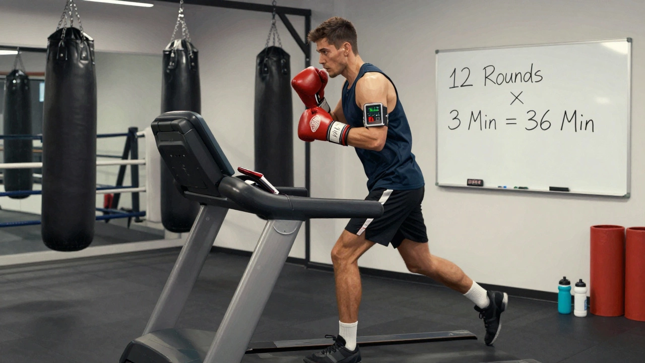 Boxer trains with heart rate monitor, timers and workout board showing 12 rounds of 3 minutes each.