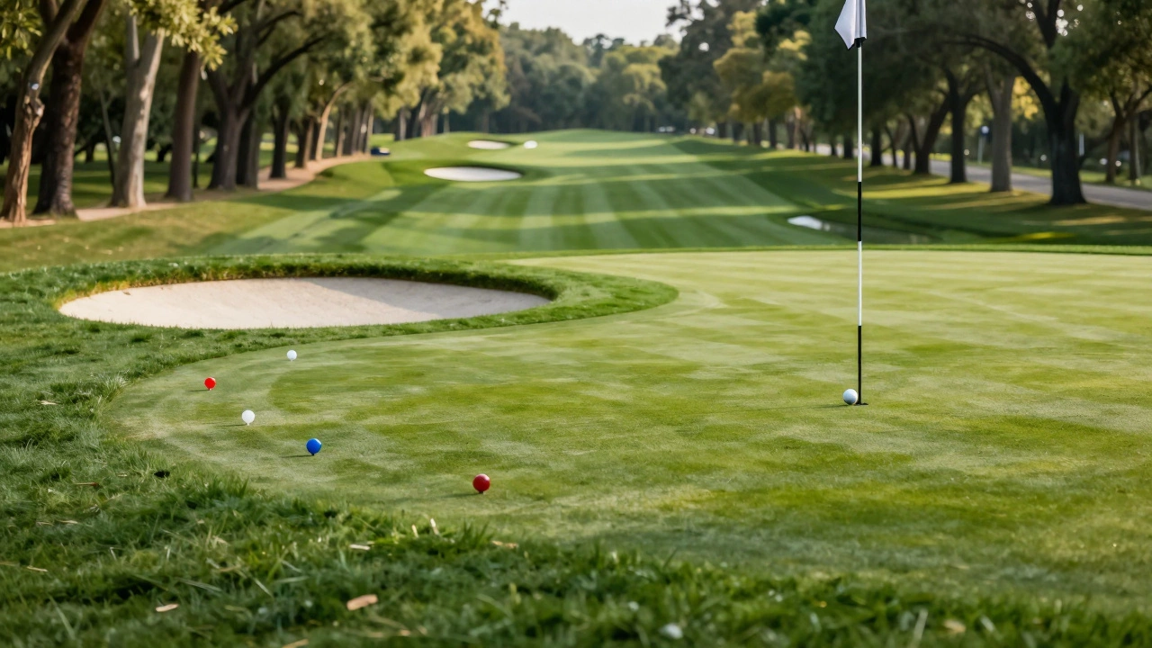 Close-up of a golf hole with tee box, fairway, water hazard, bunker, and green with flagstick.