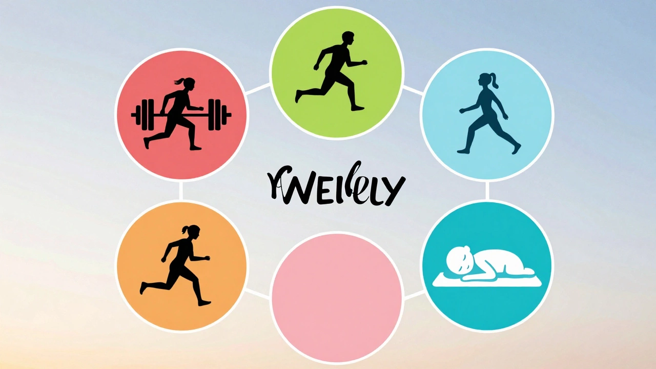 Colorful weekly workout mosaic showing stimulate, maintain, and recover days.