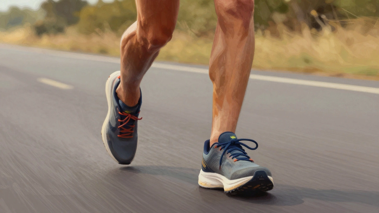 Digital painting of runner mid-stride emphasizing secure heel anchor.