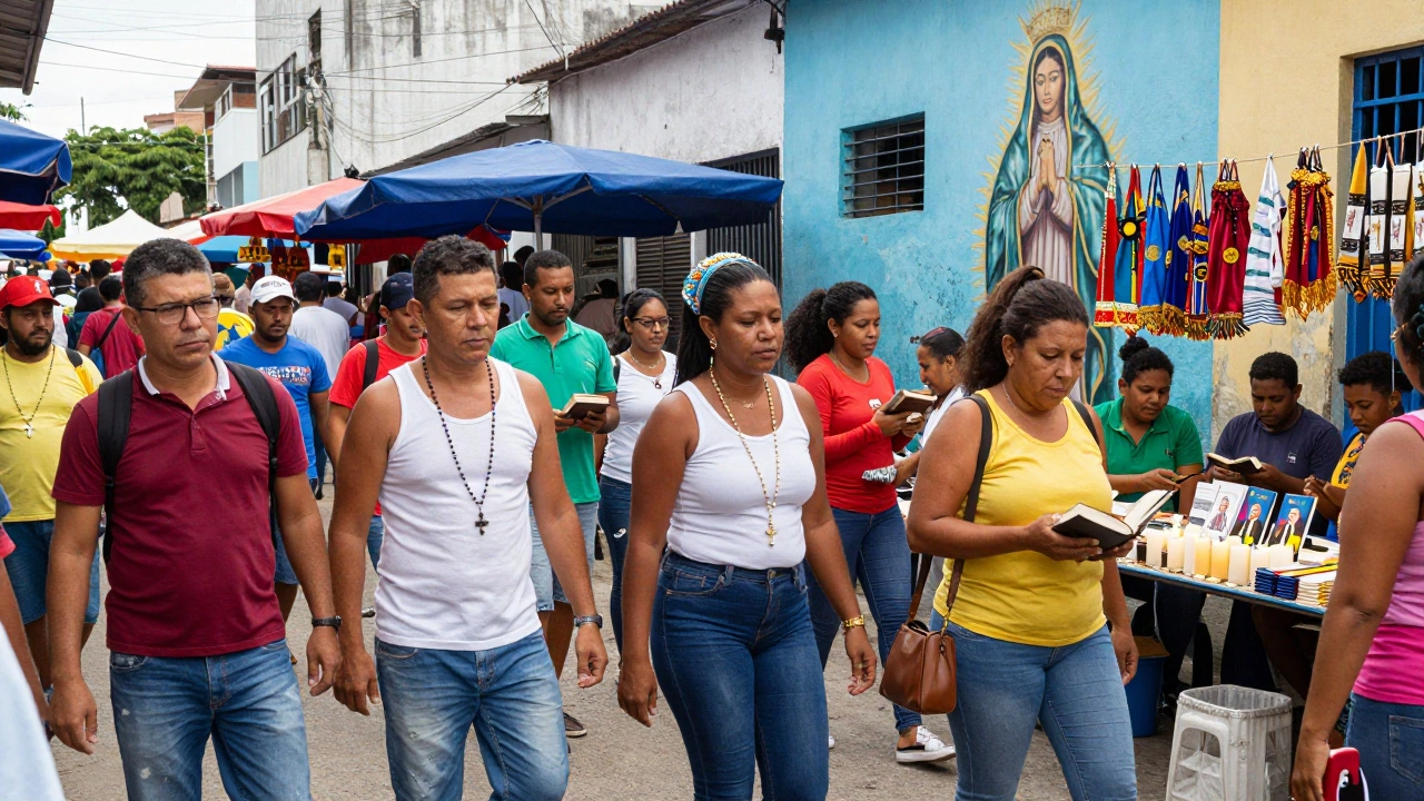 Diverse Brazilians in a marketplace surrounded by religious symbols from Catholic, Protestant, and Afro-Brazilian traditions.