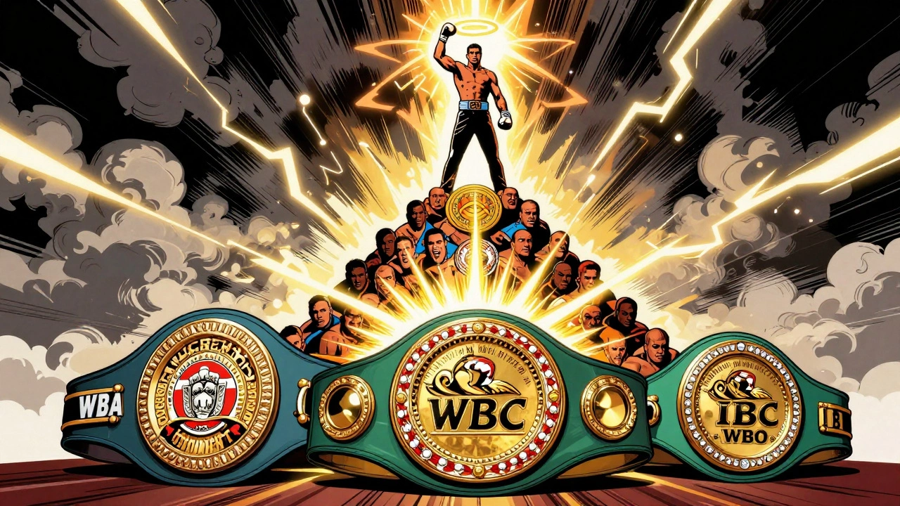 Four boxing belts merging into one undisputed title as a champion stands victorious atop a pyramid of foes.