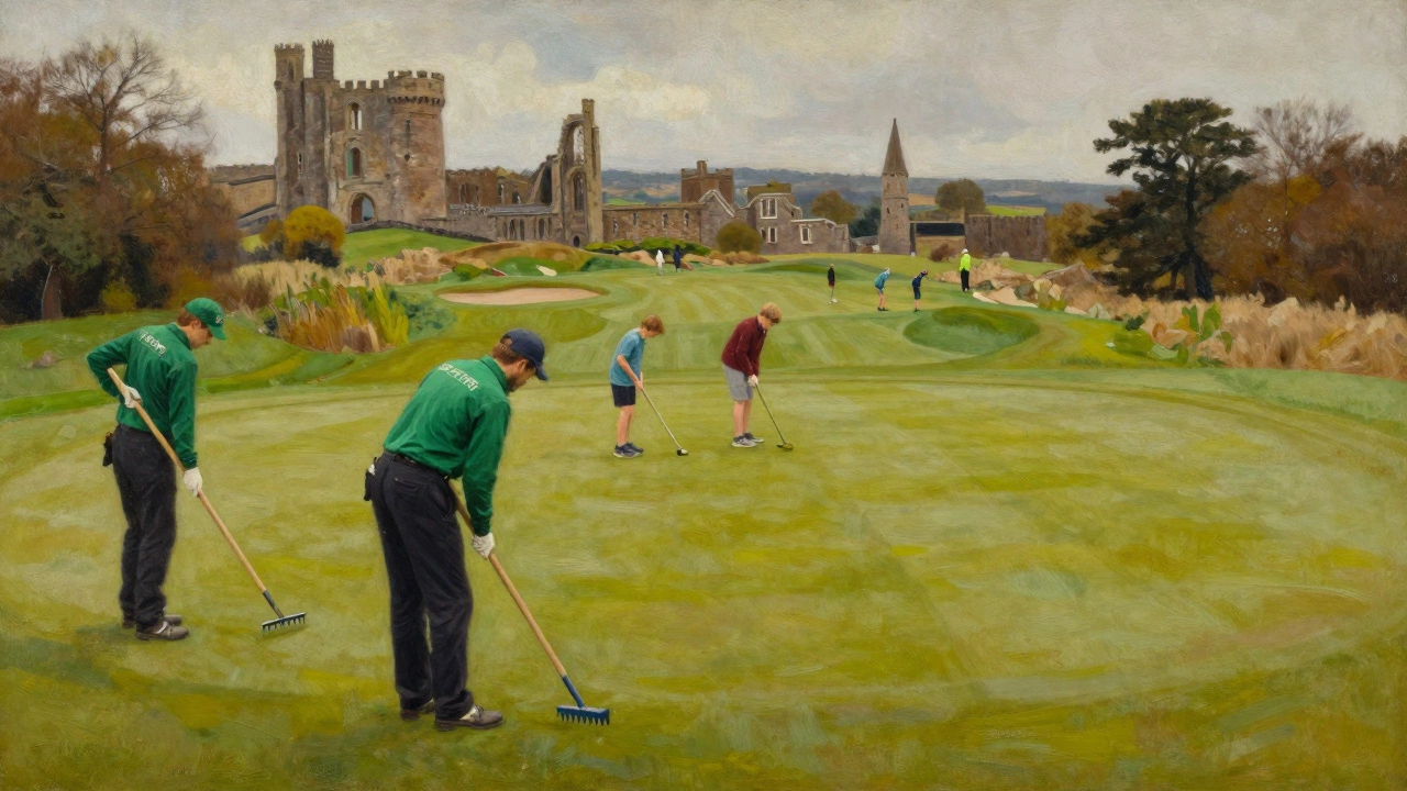 Greenkeepers maintaining grass near St Andrews Castle ruins