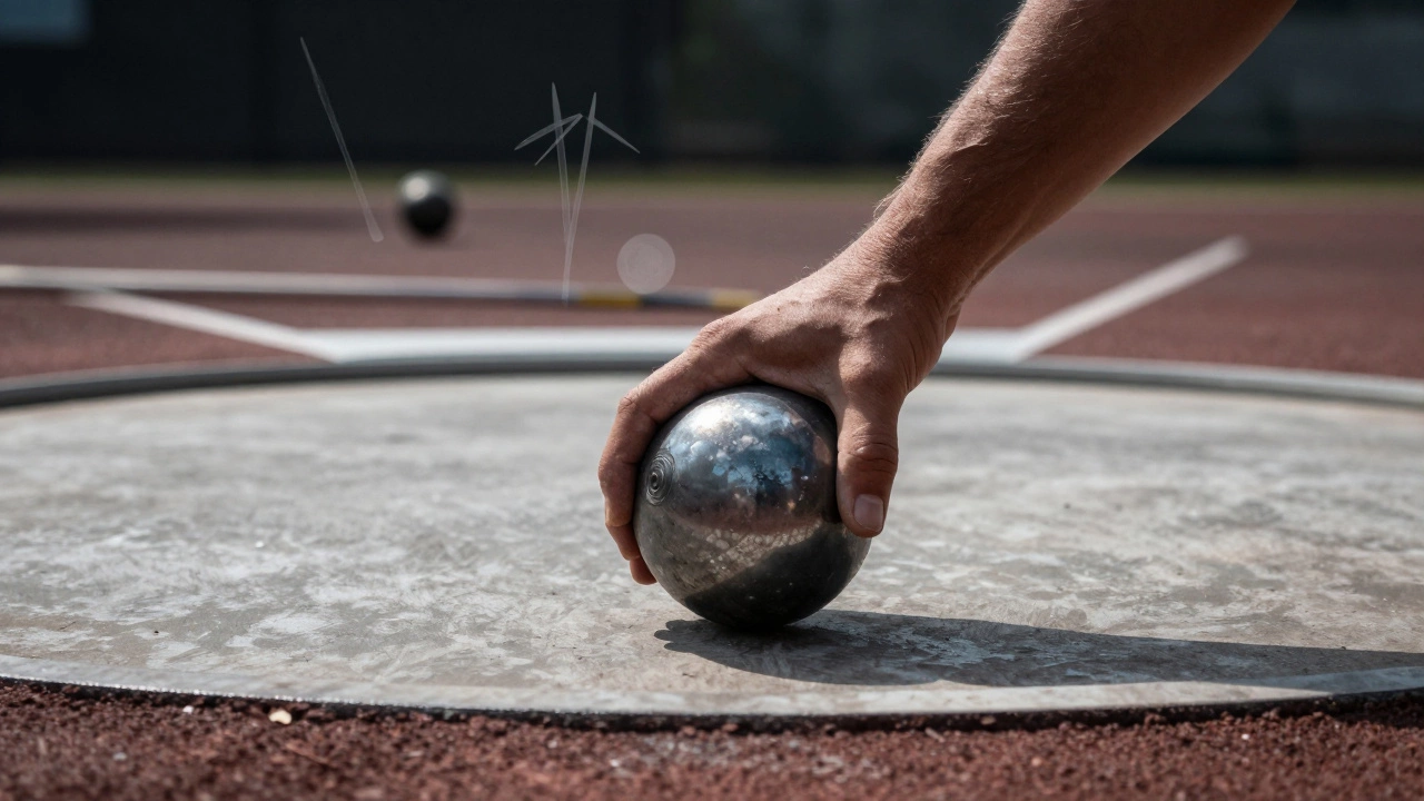 Hand gripping a shot put inside a steel throwing circle, with other throwing implements faintly outlined.