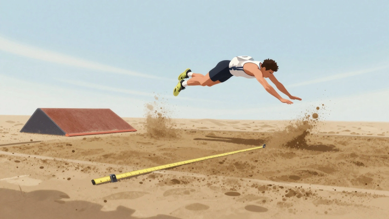 Long jumper soaring over a sand pit with take-off board and measuring tape visible.
