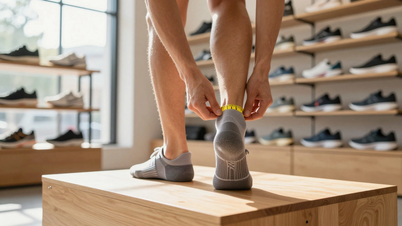 Runner checking shoe fit in store using thumb measurement method.