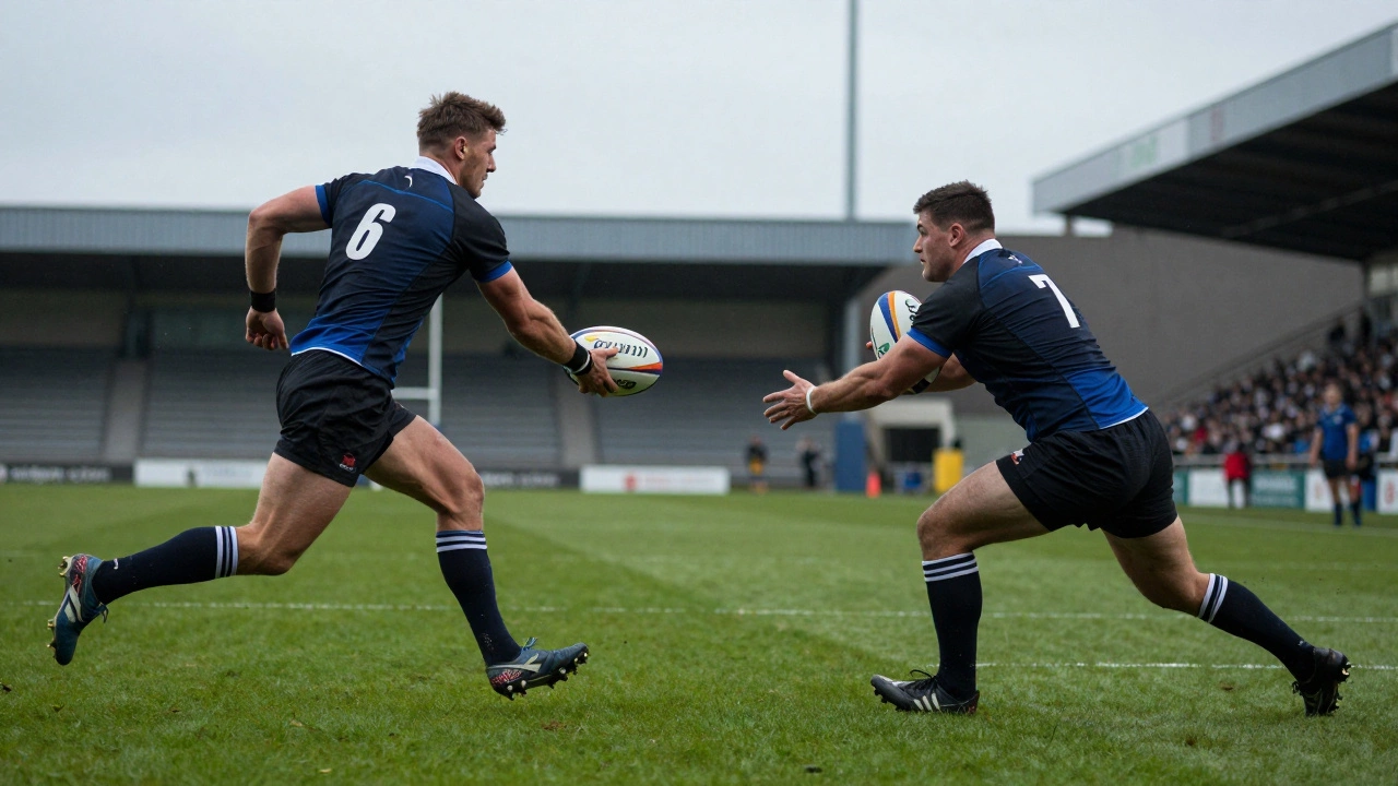 Side-by-side action: openside flanker sprinting to intercept vs. blindside flanker delivering a tackle.