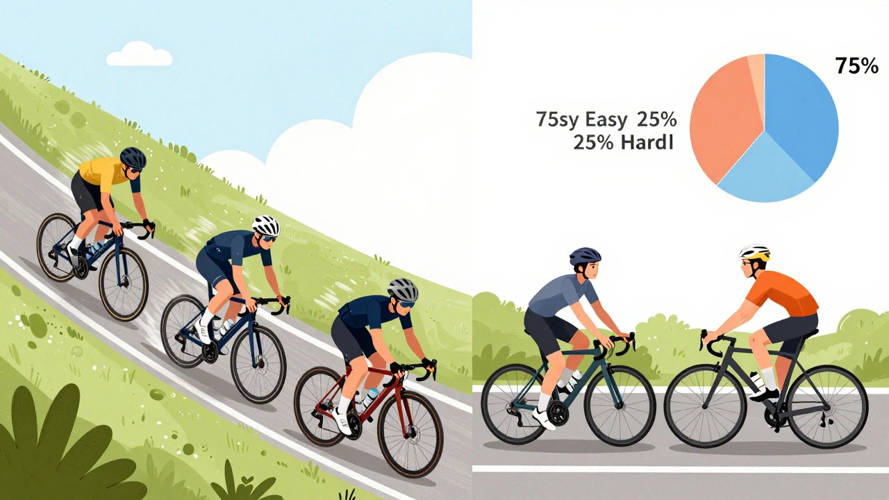 Split image showing intense hill intervals on one side and relaxed group ride on the other, with 75/25 training ratio visualized.
