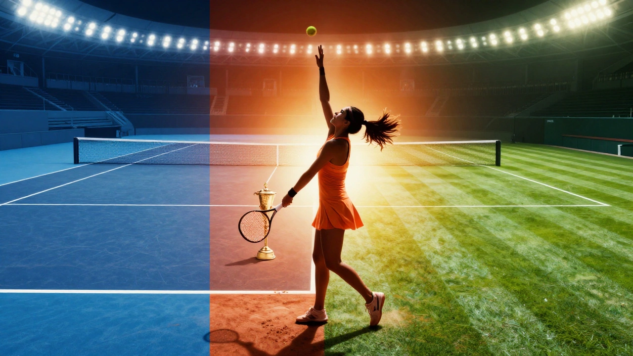 Tennis player silhouette across three court surfaces