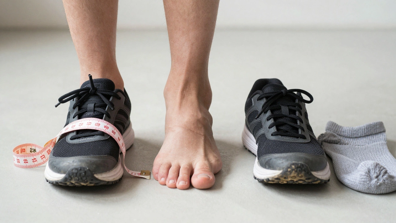 Three running shoes compared: properly fitted, too tight, and too loose, with measuring tape for scale.