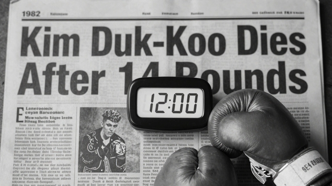 Vintage newspaper headline about Kim Duk-koo's death alongside a modern 12-round timer, symbolizing boxing safety reforms.