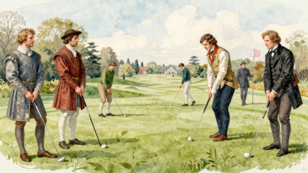 Watercolor of historical and modern figures sharing the golf links