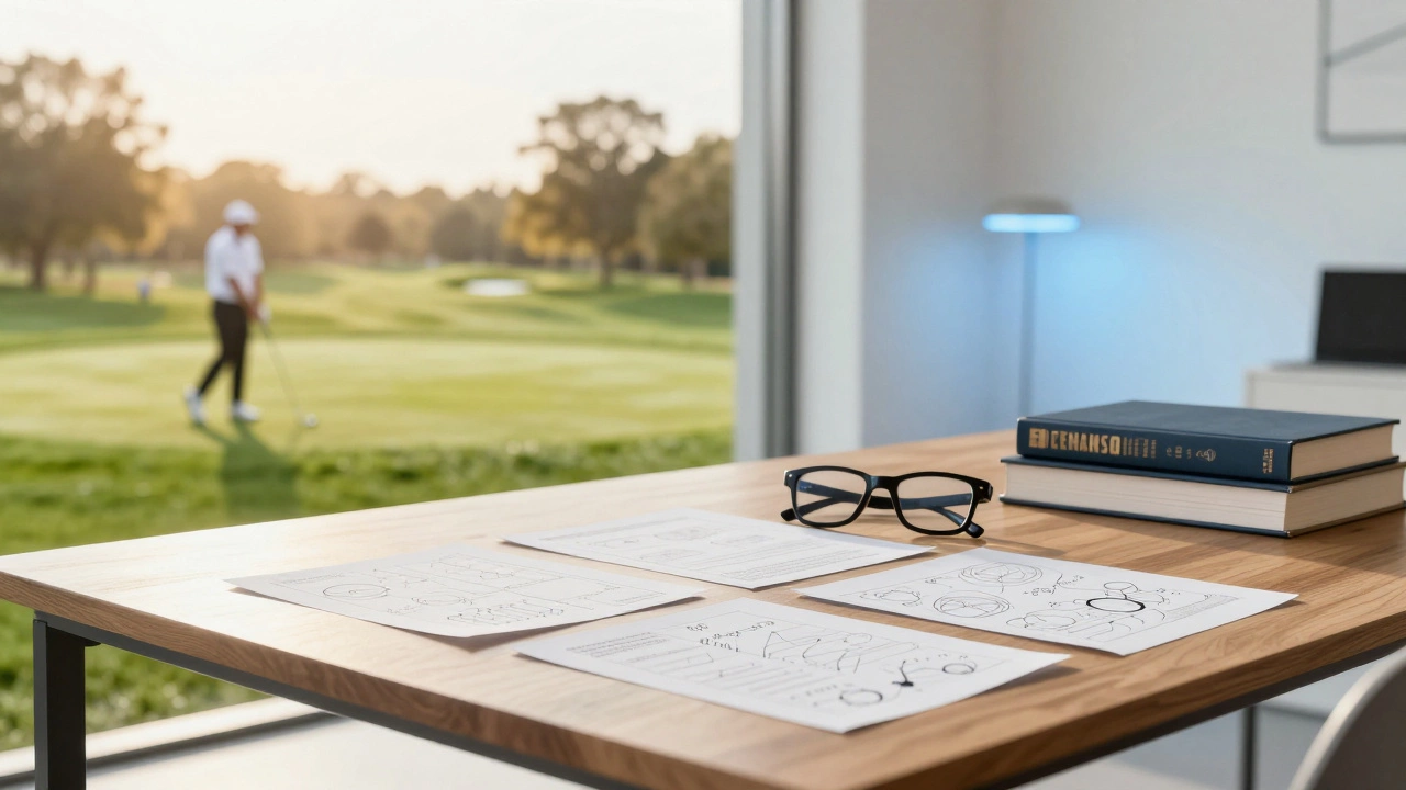 A conceptual image contrasting a sunny golf course with a studious home library.