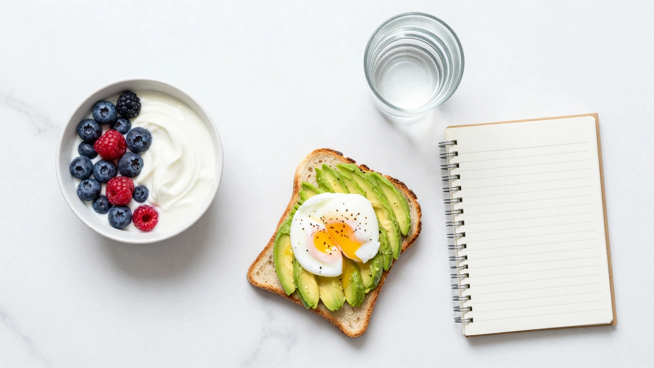 A healthy meal of yogurt and avocado toast next to a progress notebook