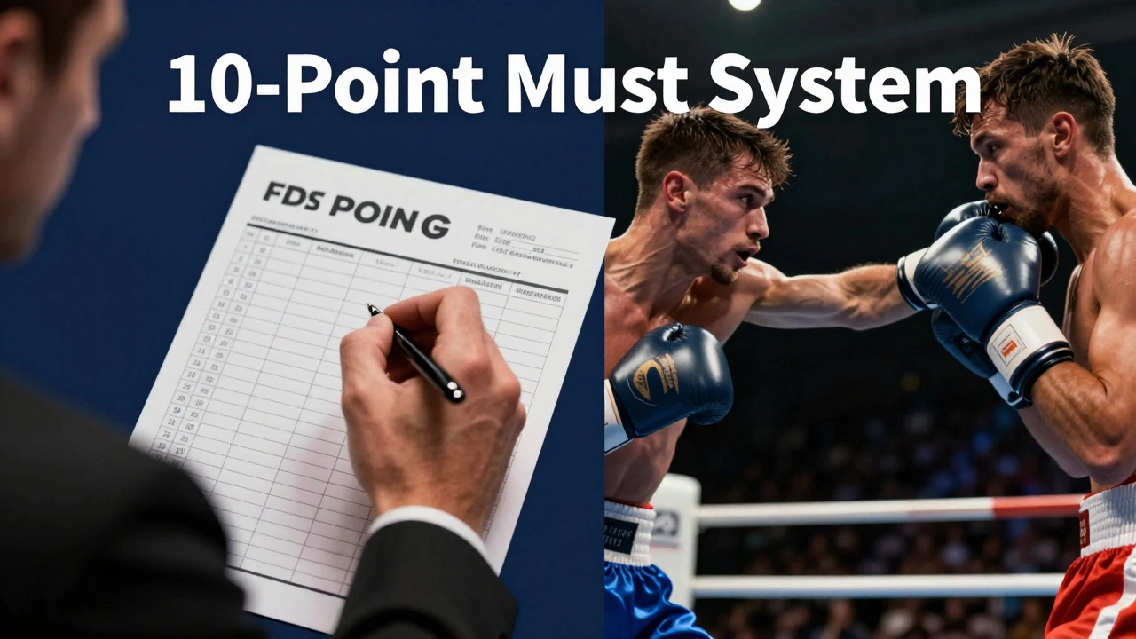 A judge marking a scorecard next to a close-up of a clean punch landing.