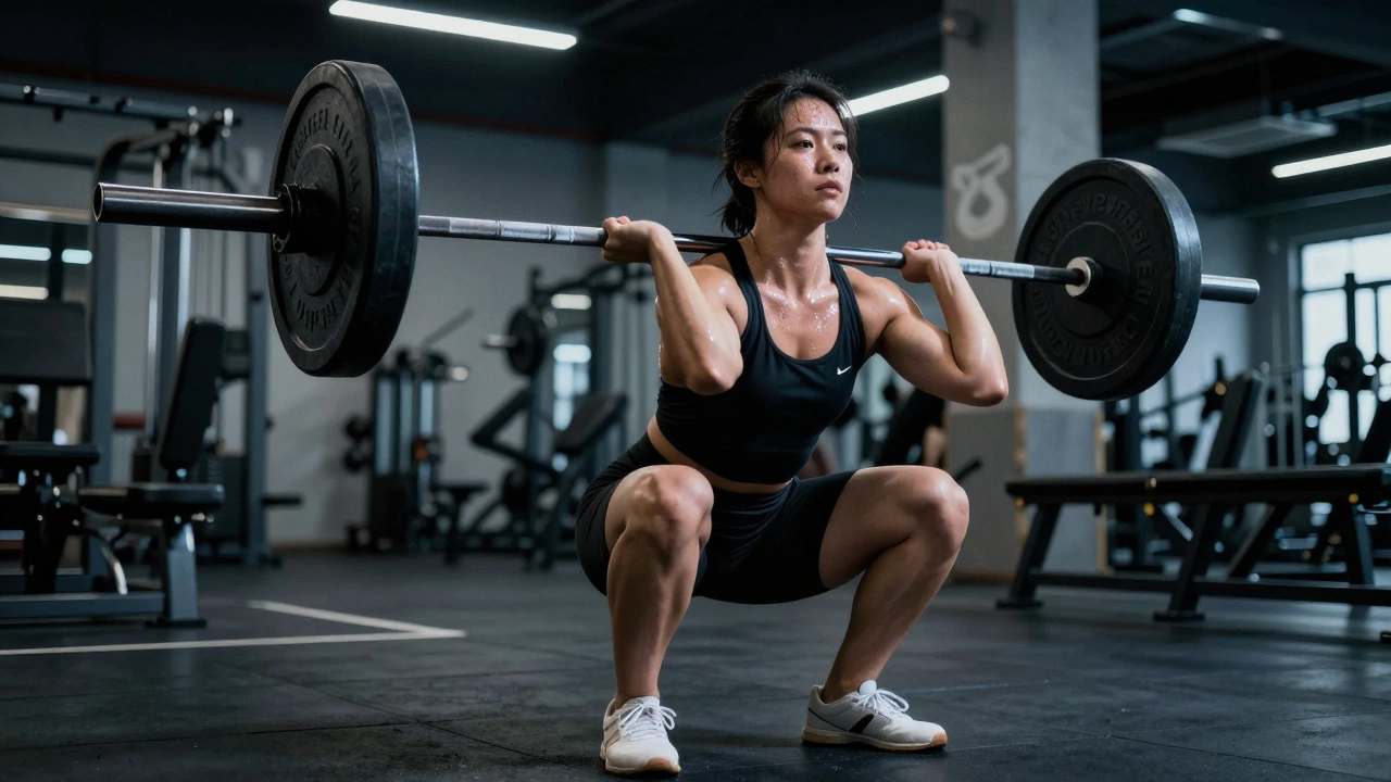 A person performing a heavy barbell squat in an industrial gym