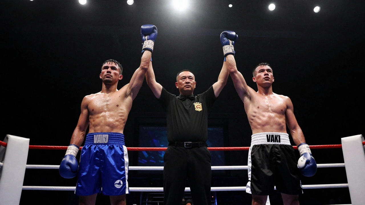 A referee raising the arms of two exhausted boxers at the end of a match.