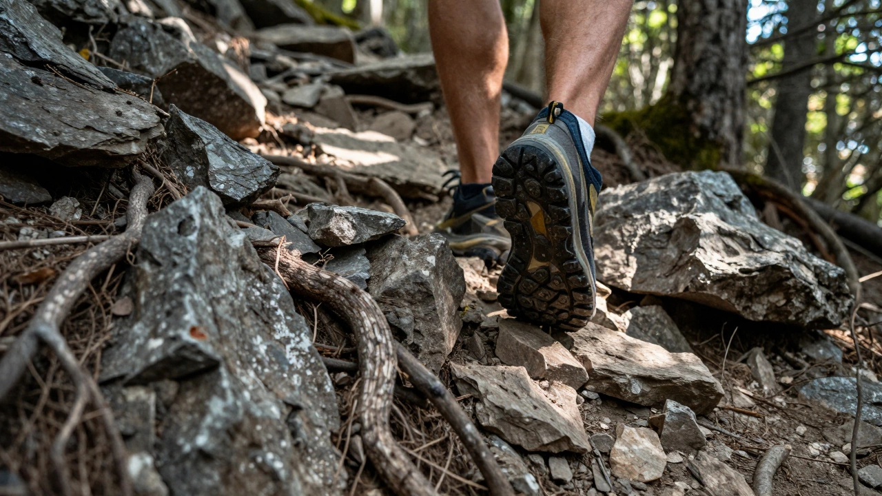 A runner's foot in a high-stack shoe tilting on an uneven rocky trail