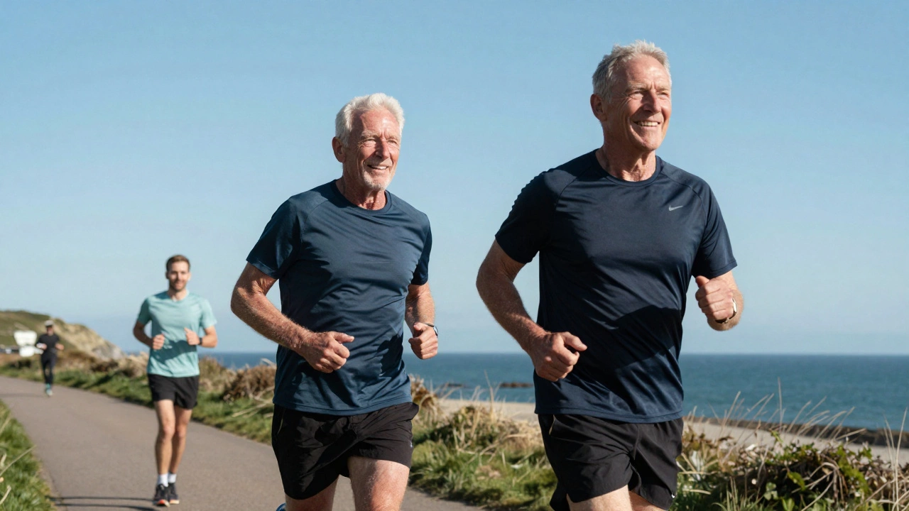 An older fit runner and a younger runner jogging together on a sunny coastal path.
