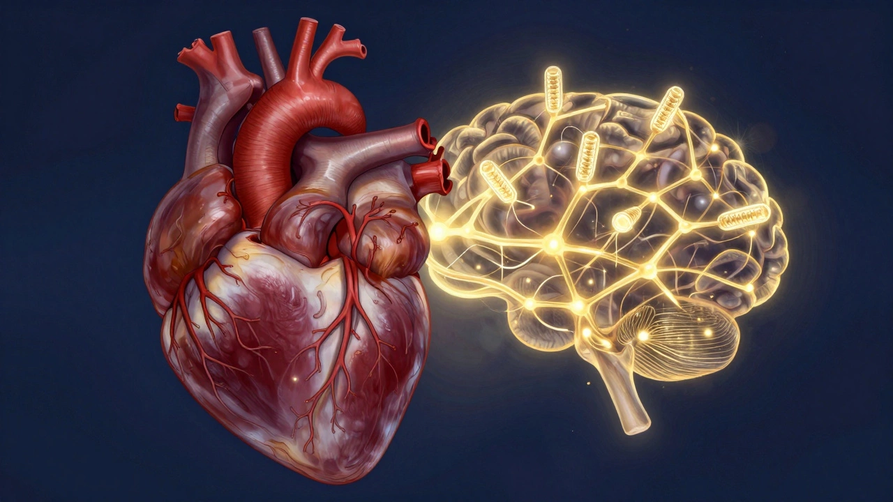 Artistic depiction of a heart integrated with glowing neural networks and cellular caps.