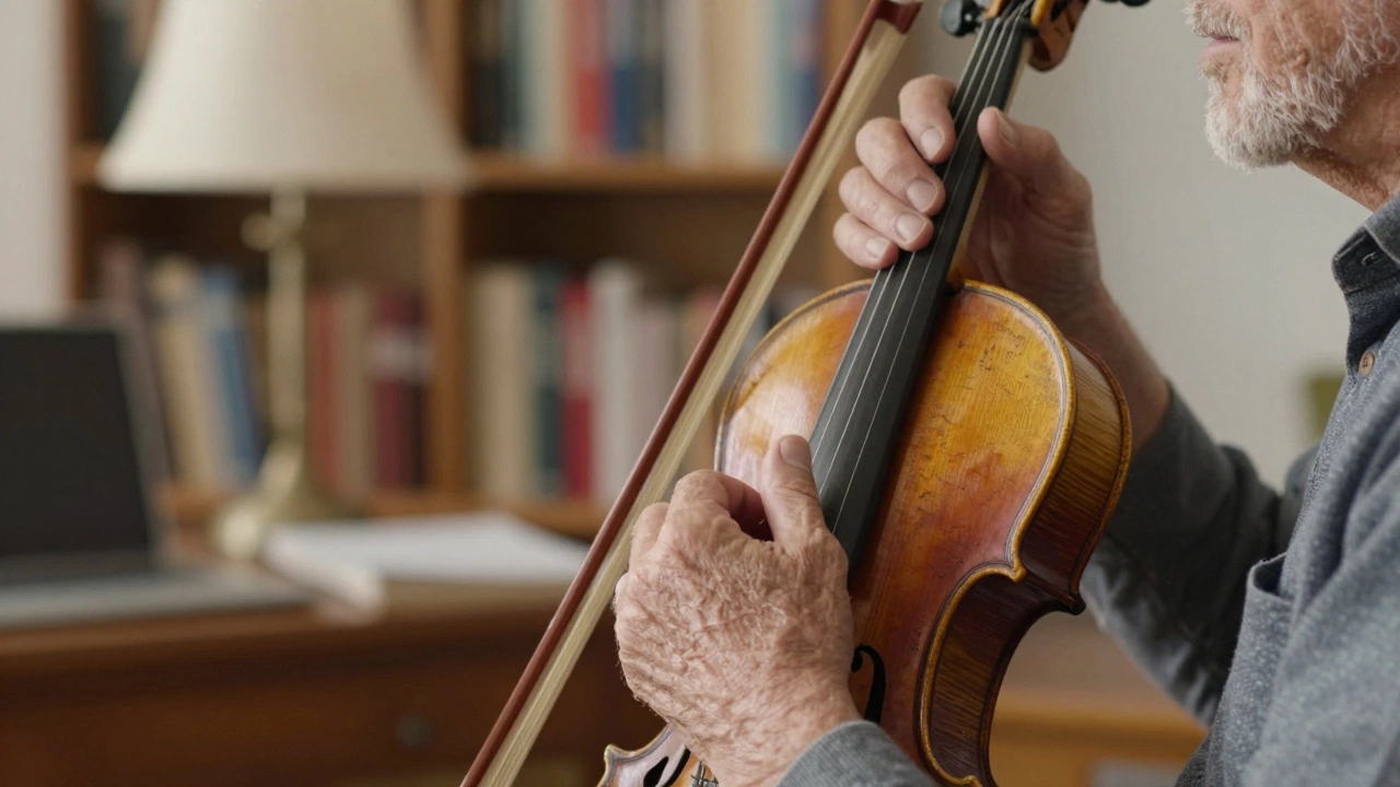 Close-up of hands holding a violin in a quiet, scholarly study