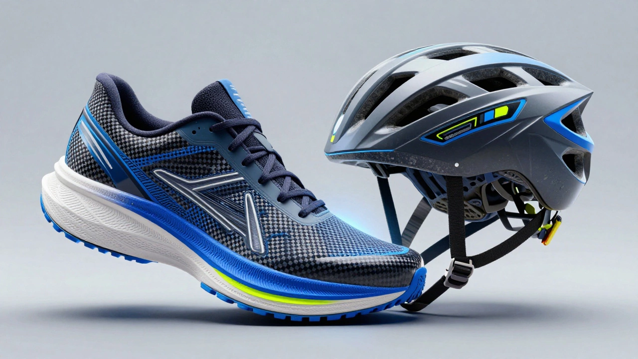 Comparison of a carbon fiber running shoe and the internal structure of a protective helmet.