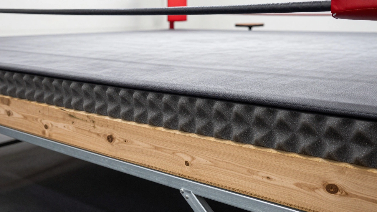 Cross-section showing the canvas, foam padding, and steel frame of a boxing ring.