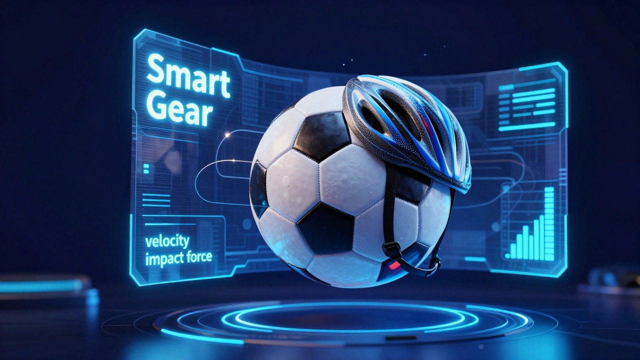 Futuristic sports equipment with holographic data overlays showing velocity and impact sensors.
