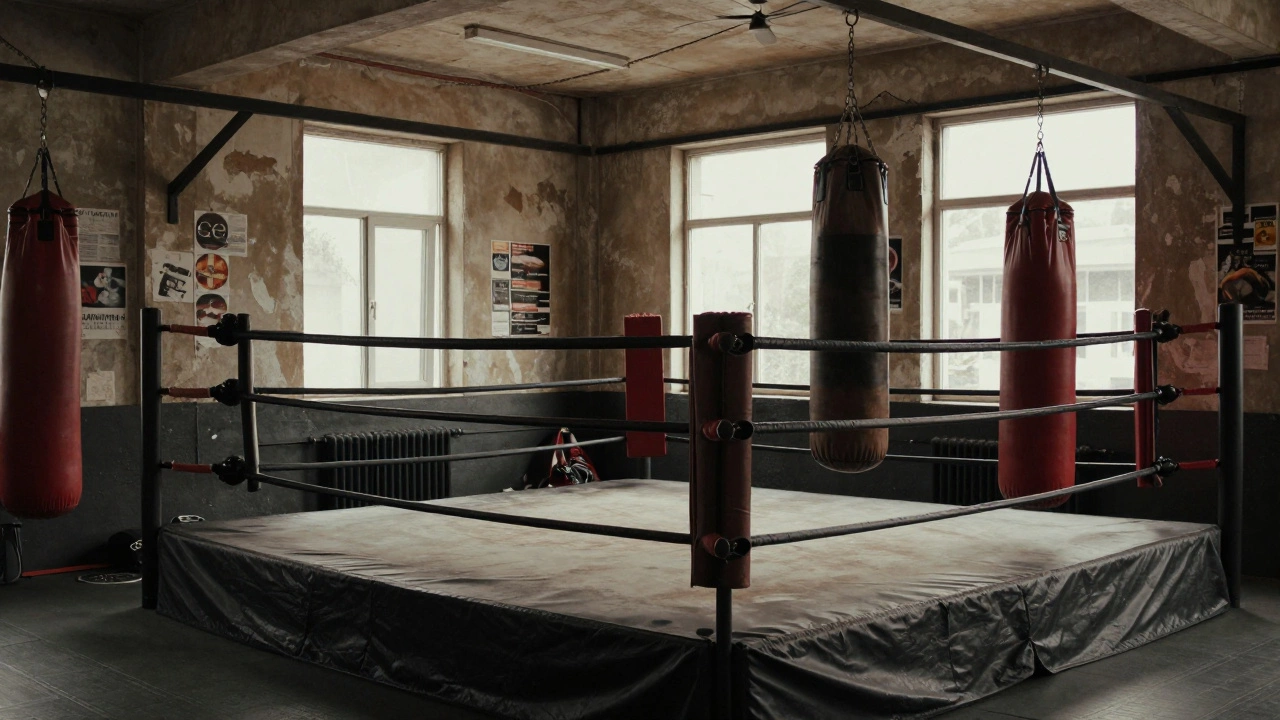 Interior of a gritty boxing gym with a sparring ring and heavy punching bags.