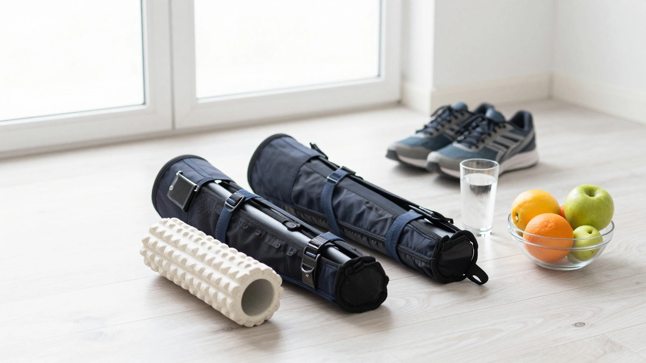 Recovery gear including compression boots and a foam roller next to running shoes and fresh fruit.