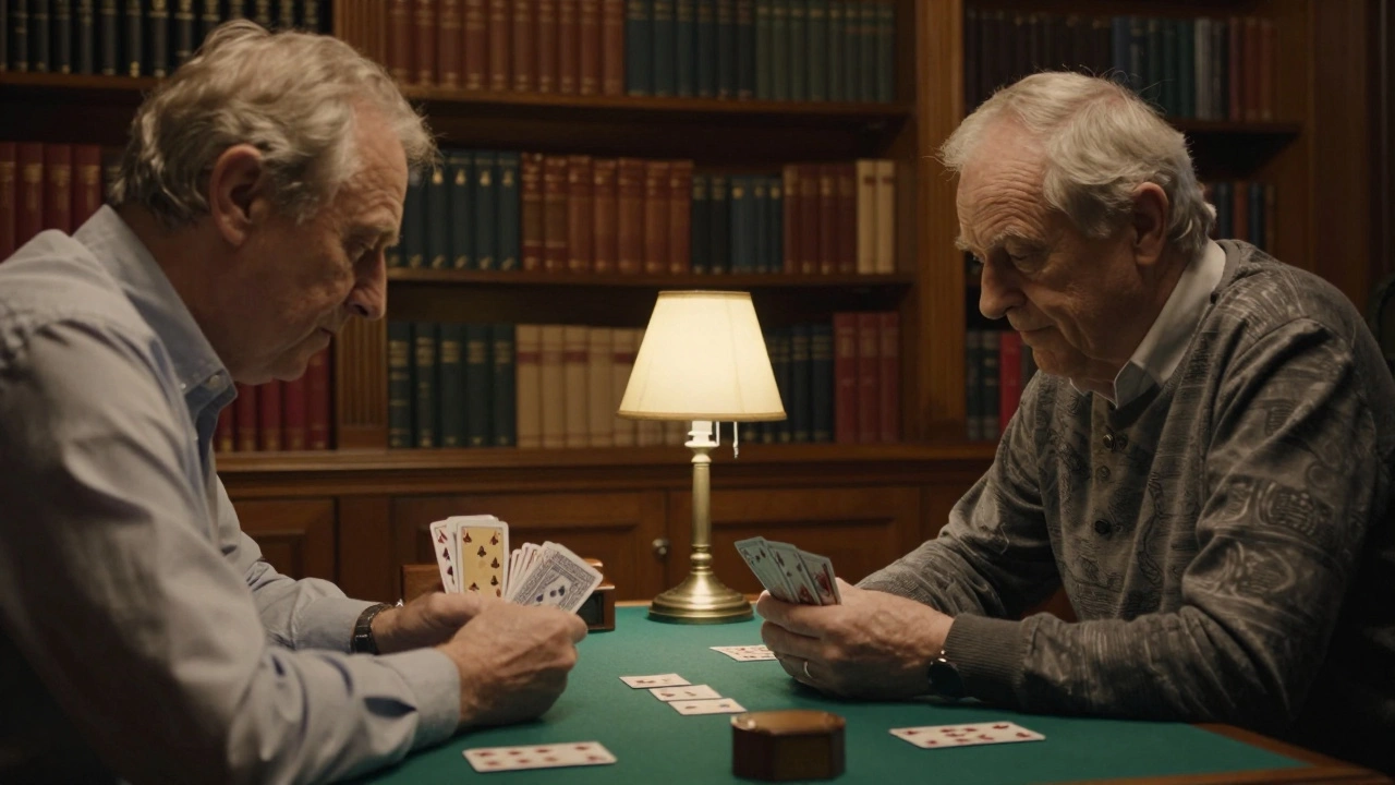 Two men playing a strategic game of Bridge in a classic wood-paneled library.