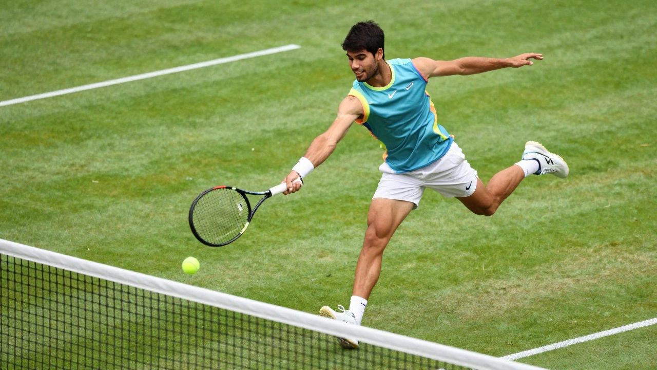 Carlos Alcaraz playing a drop shot with agility on a grass court