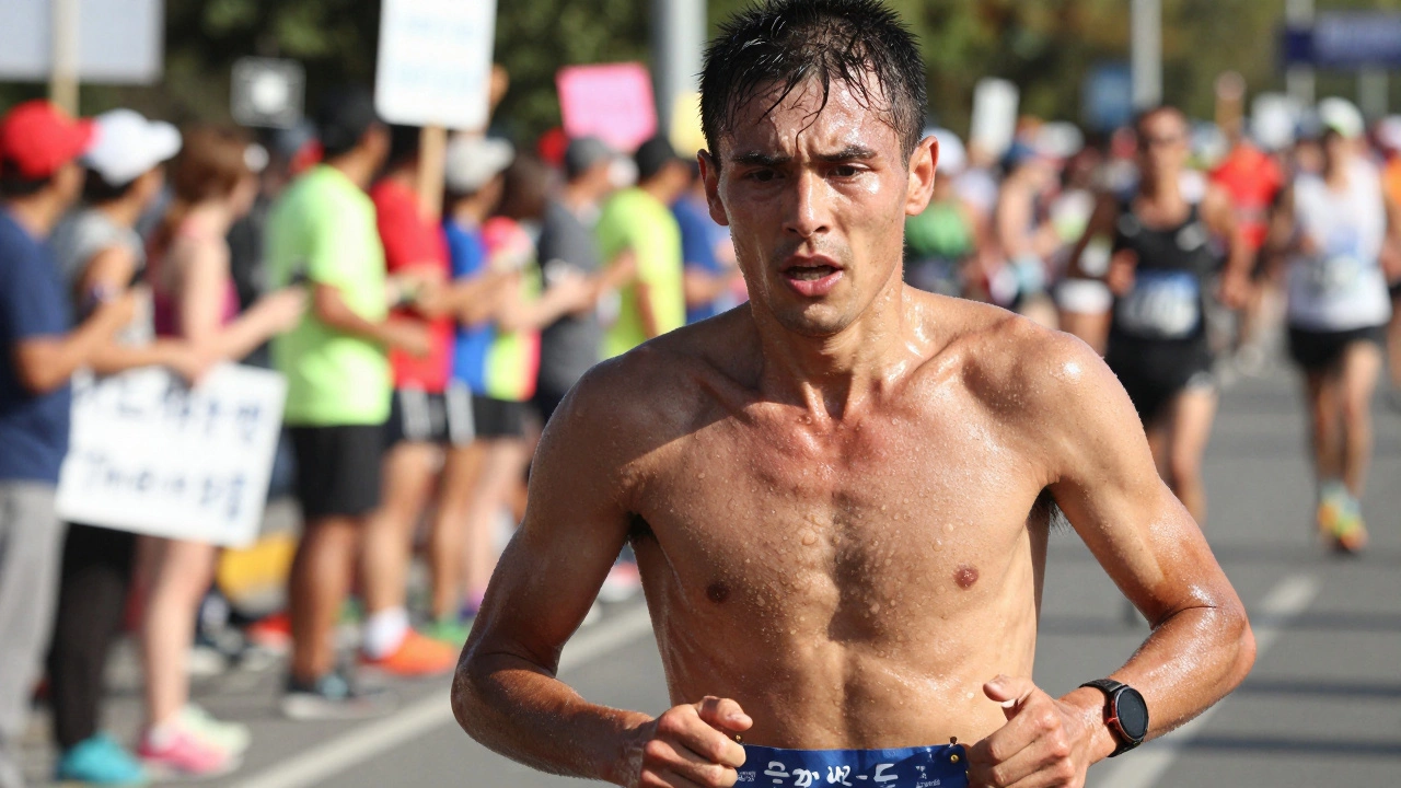 Close-up of a determined runner pushing through fatigue near the finish line