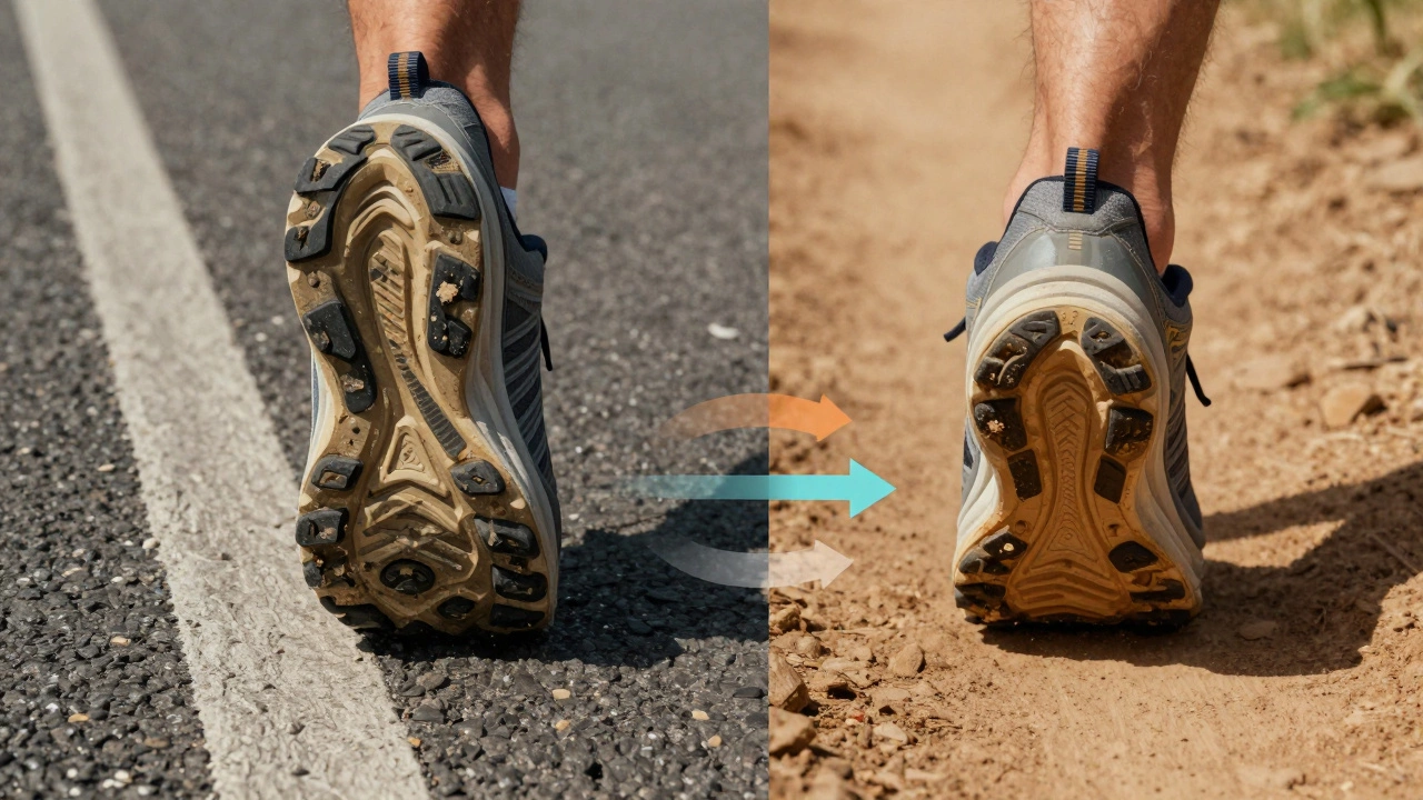 Comparison of worn Hoka soles on asphalt versus dirt trails