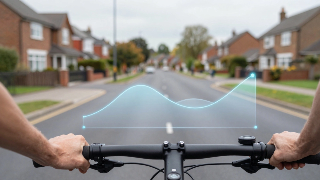 Cyclist view with holographic elevation graph overlay showing upcoming hills on the road.